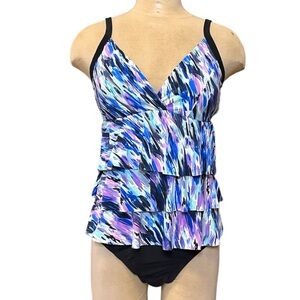 Tiered Swimsuit One Piece Fauxkini Watercolor Tummy Thinner 14